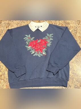 croft & barrow Navy Crewneck Sweater with Red Poinsettia and Cream Collar